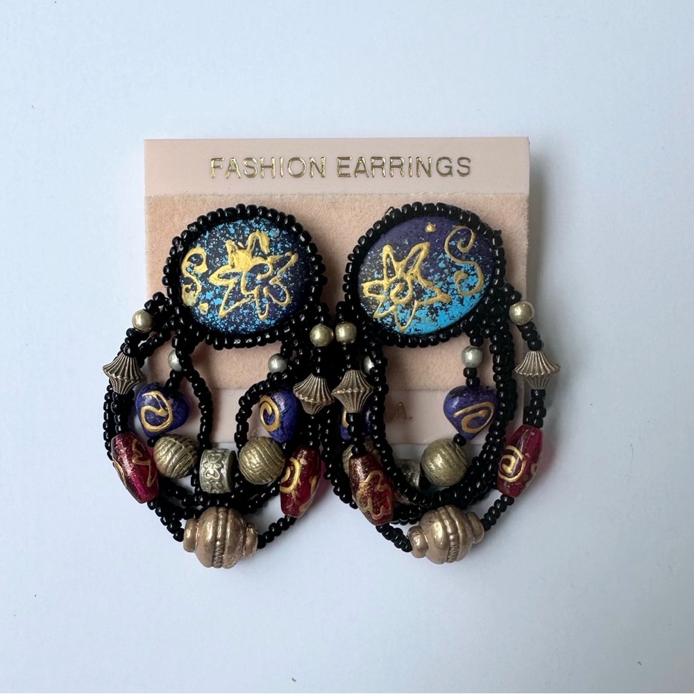 1990s NOS Hand Painted Bohemian Beaded Fringe Pierced Statement Earrings